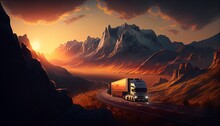Trucks On A Mountain Highway At Sunset, Generative AI
