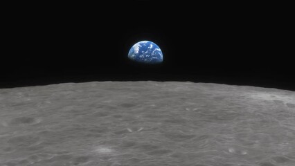 Wall Mural - Lunar program, the spacecraft flies over the surface of the moon.The Earth rises above the horizon of the Moon. Animation. Visualization of the space program of flights to the