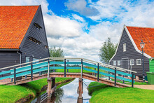 Zaandijk, Netherlands. Panorama Of Traditional Dutch Houses At The Zaan River In Zaandijk, Netherlands.