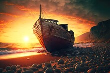 Boat Washed Ashore Against Backdrop Of Setting Sun, Created With Generative Ai