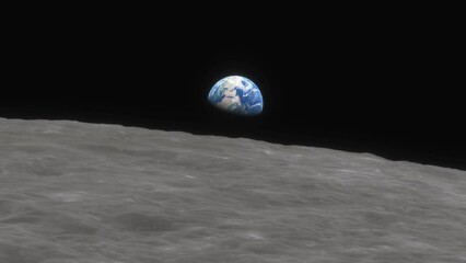 Wall Mural - lunar spacecraft flies over the surface of the moon.the earth rises above the horizon of the moon. c