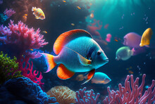 Underwater Scene With Coral Reef And Tropical Fishes Illustration, Generative AI