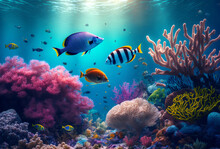 Underwater Scene With Coral Reef And Tropical Fishes Illustration, Generative AI