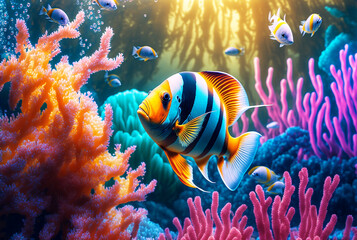 Underwater Scene With Coral Reef And Tropical Fishes Illustration, Generative AI