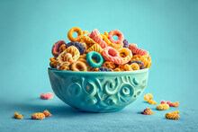 Creative Food Composition. Colourful Cereal Isolated On Vibrant Background. Display, Whole And Side View. Flat Lay. Top View. Advert, Menu, Banner, Cafe, Advertisement	
