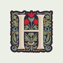 H Letter Illuminated Initial With Curve Leaf Ornament And Tulips. Medieval Dim Colored Fancy Drop Cap Logo.