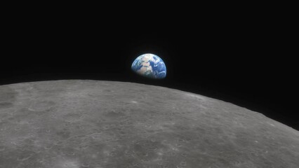 Wall Mural - Lunar program, the spacecraft flies over the surface of the moon. Planet Earth seen against the backdrop of the Moon.  3d animation. Visualization of the space program of flights to