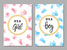 Baby Shower Boy And Girl Card Set. Watercolor Invitation Cards Design With Baby Palm Hands And Foot Prints