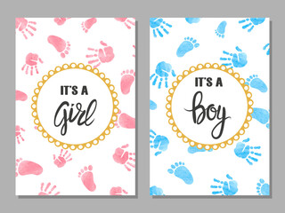 Wall Mural - Baby shower boy and girl card set. Watercolor invitation cards design with baby palm hands and foot prints