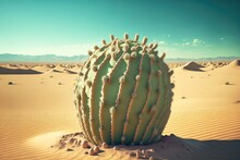 Green Spiny Cactus In Pot In Ground Against Background Of Sandy Desert, Created With Generative Ai
