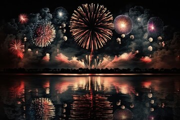 Canvas Print - In celebration of the New Year, fireworks light up the sky. Generative AI