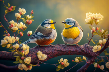 Cute little spring birds on the branch of a tree and flowers, bokeh background, generative ai