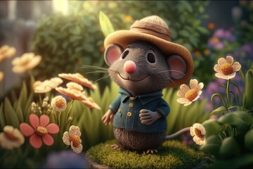 Wall Mural - Cute Cartoon Story Book Mouse Character in a Garden Wearing a Hat (Generative AI)