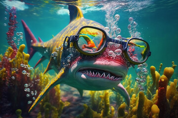 Wall Mural - colorful toy shark attacking underwater wearing colorful sunglasses, photorealism  Generative AI