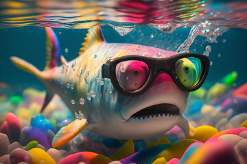 Wall Mural - colorful toy shark attacking underwater wearing colorful sunglasses, photorealism  Generative AI