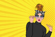 © Jung - Attractive girl with glasses surprised, advertising poster or party invitation with sexy girl in club opening mouth in cartoon style. Facial expression. illustration