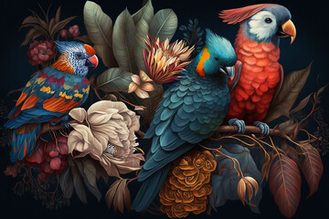 Wall Mural - beautiful two loving parrot. Generative AI