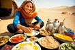 A smiling young Arab woman cooking traditional food in the desert. Created with Generative AI technology.