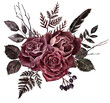 A floral arrangement made in vintage Victorian style. Watercolor black, red, and purple roses and dark foliage bouquet. Hand-painted graphic.