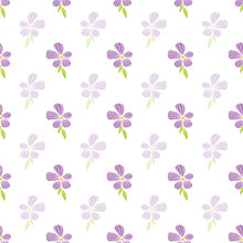 Seamless Repeat Pattern With Simple And Beautiful Purple Floral Elements And Green Leaves On White Background Perfect For Fabric, Scrap Booking, Wallpaper, Gift Wrap Projects
