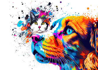 Dogs and cats. Animals' friendship. A lovely picture of pets in a creative style illustration. Pop art is creatively painted with an explosion of colours on a white background.