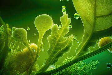 Background of green algae in nature, water sea plant research in an environmental science lab, aquatic seaweed leaf macro structure, organic life in biotechnology, and usage of biofuel. Generative AI