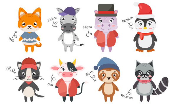 Fototapete - Wildlife animals collection . Flat design cartoon characters . Shiba inu dog Zebra Hippopotamus Penguin Cat Cow Sloth bear Raccoon . Vector .