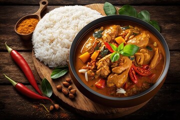 Poster - spicy chicken curry with rice,popular Thai food. Generative AI