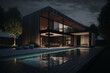 © Liliia - Exterior, black luxury house with swimming pool, night, concept modern villa, Generative AI