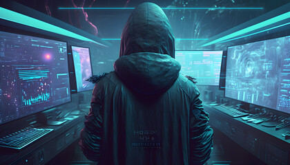 Wall Mural - personnage de dos dans un environnement cybernétique, généré par IA