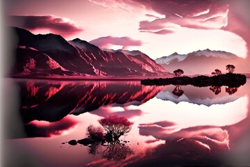 Wall Mural - picturesque pink sunset reflected in smooth water of mountain lake, created with generative ai