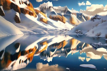 Wall Mural - beaful snow-covered hills are reflected in smooth water of mountain lake, created with generative ai