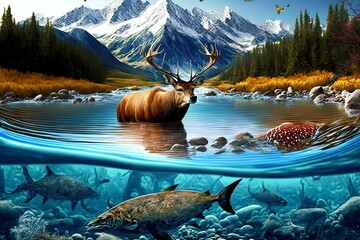 Wall Mural - bubbling rocky mountain river surrounded by wildlife and mountains, created with generative ai