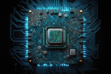 Poster - cyborg AI. the circuit board. technical knowledge CPU and GPU concepts for central computer processors. digital chip on the motherboard. background in tech and science. Generative AI