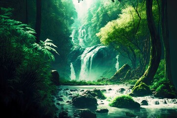 Wall Mural - green dense forest and mountain river with beaful falling waterfall, created with generative ai