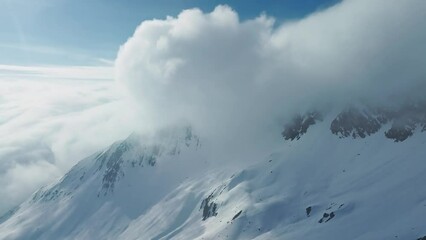 Wall Mural - Alpine landscape with peaks covered by snow and clouds. Magical clouds covering peaks of the mountains at the famous St. Anton am Arlberg ski resort.