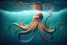Large Octopus Sea Waves Tentacles And Floats On Surface Of Water, Created With Generative Ai