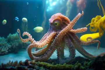 Sticker - small octopus sea moves tentacles in murky water of aquarium, created with generative ai