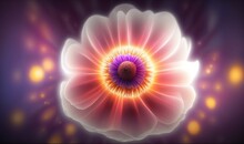  A White Flower With A Purple Center Surrounded By Yellow And Pink Lights And A Black Background With A Purple Center And A White Center In The Center.  Generative Ai