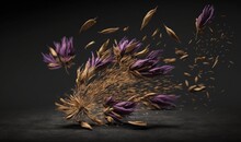  A Bunch Of Dried Flowers On A Black Background With A Splash Of Water In The Middle Of The Image And A Few Petals In The Middle Of The Petals.  Generative Ai