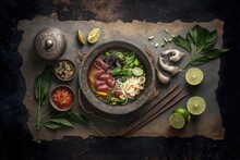 Top View Of An Asian Dish With A Variety Of Components On A Rustic Stone Background. Thai And Vietnamese Food. Generative AI