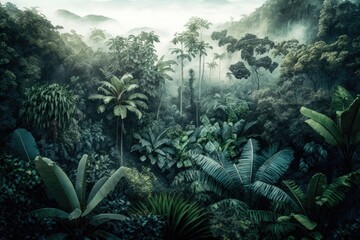 views of the jungle. An aerial overview of a tropical jungle in the mist of the morning. artwork. Generative AI