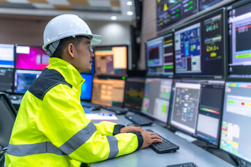 Engineer working at control room,Manager control system,Technician man monitoring program from a lot of monitor