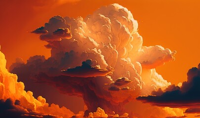  a painting of a large cloud in the sky with a sunset in the back ground and a yellow sky with clouds in the back ground.  generative ai