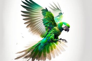 Wall Mural - wings of large flying parrot on white with green feathers, created with generative ai