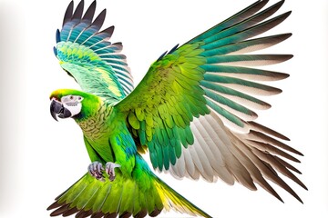 Wall Mural - wings of large flying parrot on white with green feathers, created with generative ai