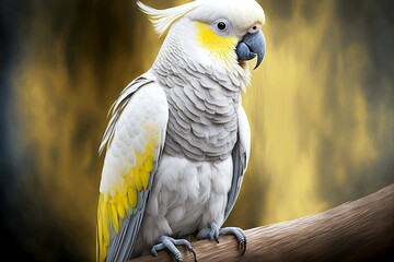 Wall Mural - white yellow parrot on white with grey bill and tuft, created with generative ai