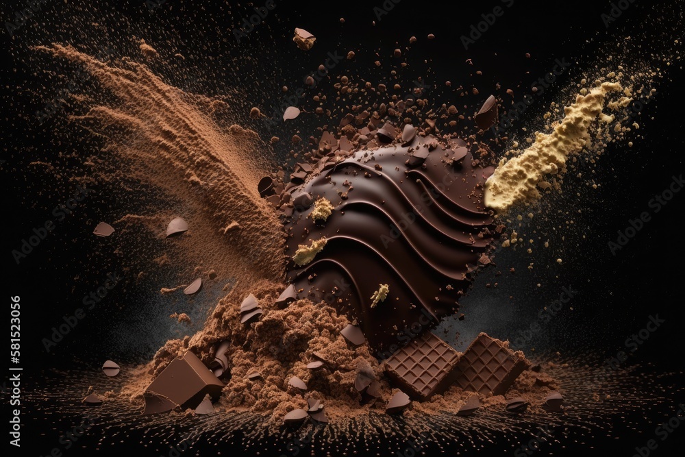 On a background of black, there is a chocolate splash with an explosion ...