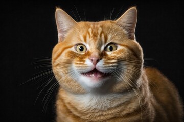 Sticker - Funny Portrait of Smiling Ginger Cat Gazing on Isolated Black Background with Wide Mouth. Generative AI