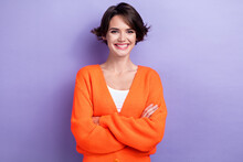 Photo Of Glad Pretty Lady Toothy Smile Wear Comfort Clothes Arm Crossed Good Mood Isolated On Purple Color Background